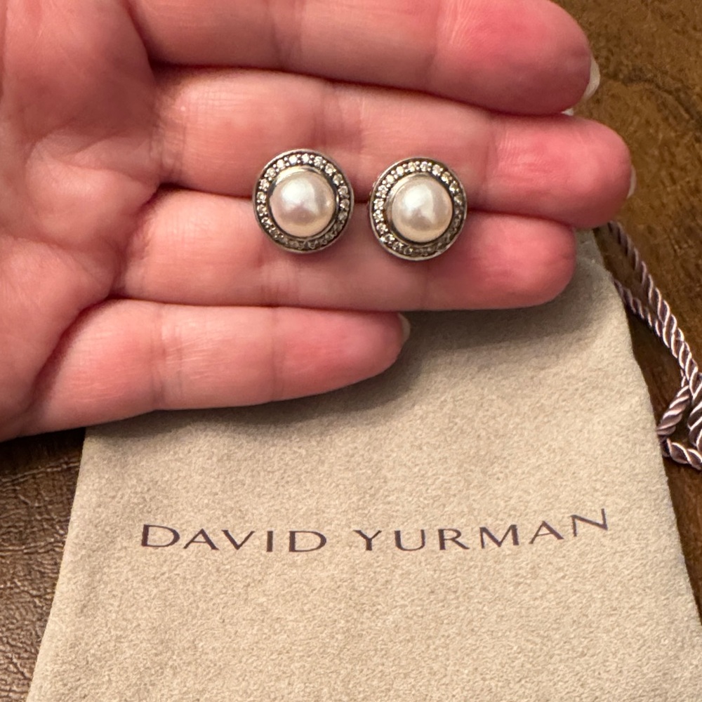 David Yurman Silver Earrings with Pearls and Pave Diamonds